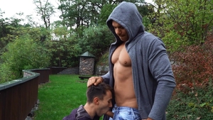 Bromo: Muscle Denny Chris & Ricky rough handjob outdoors