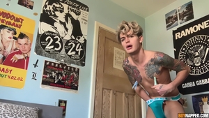 Boynapped.com: Shaved Ryo Foxx jerking huge balls in the bed